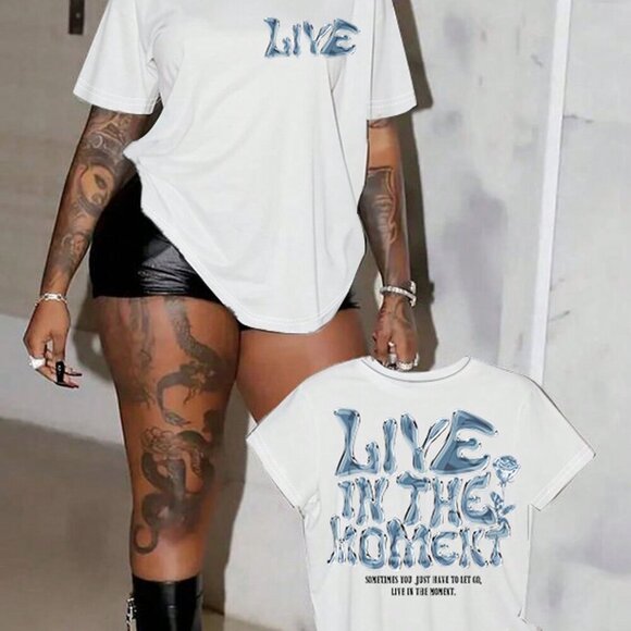 White Casual Women's Crew Neck Short Sleeve English Letter Graphic T-Shirt - Picture 3 of 3